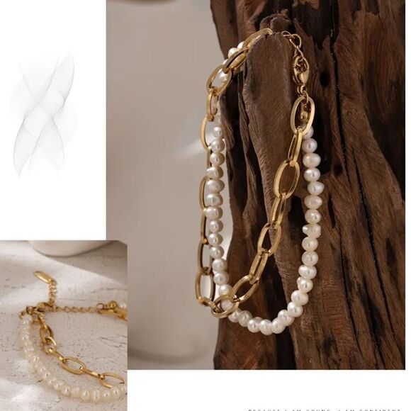 #38 Double Layer Gold Chain Freshwater Pearl Bracelet - Picture 4 of 7